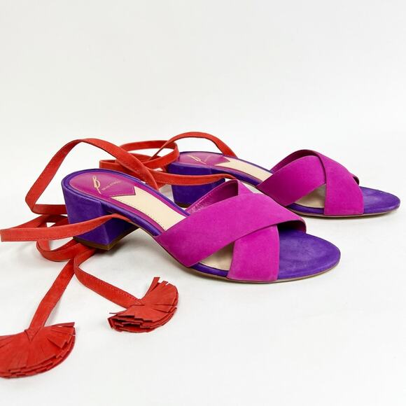 Brian Atwood Astor Colorblock Lace Up Sandals Pink Purple Suede Heels Size 7 - Picture 1 of 9